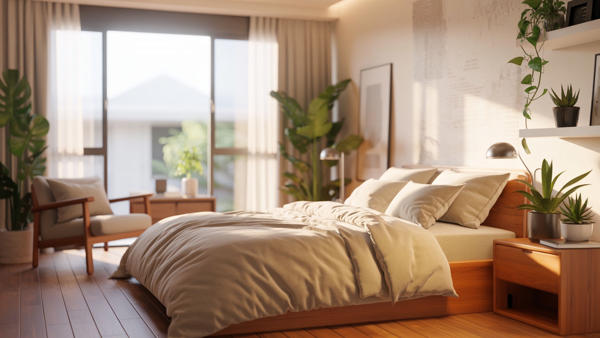 Cozy, well-furnished coliving room with warm natural light and comfortable bedding